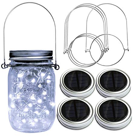 Homeleo 4-Pack Cool White Solar Mason Jar Lid Insert Light String with Stainless Steel Hangers, Solar Powered LED Mason Jars Light Up Lid(Jars NOT Included)