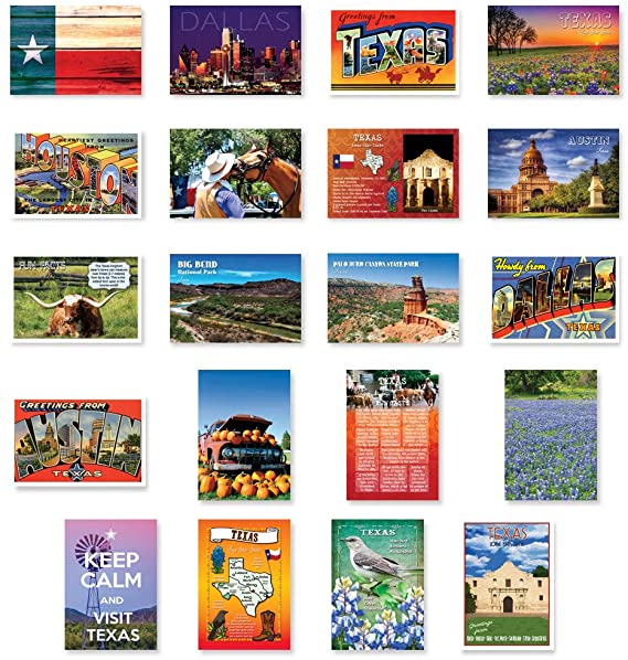 TEXAS postcard set of 20 postcards. TX post card variety pack containing 20 different post cards. Made in USA.