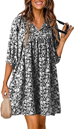 Dokotoo Womens Summer Casual Dresses Boho Floral Drawstring V Neck Chiffon Lantern Sleeve Beach Mini Dress Sundress