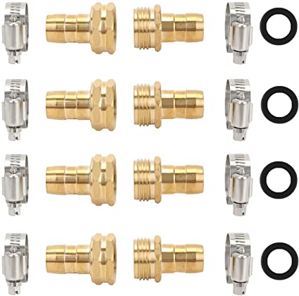 STYDDI Garden Hose Repair Kit, Solid Brass Mender Female and Male Hose Connector with Clamps, Fit All 5/8-Inch and 3/4-Inch Garden Hose, 4 Set