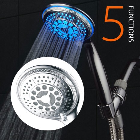 DreamSpa All Chrome Water Temperature Controlled Color Changing 5-Setting LED Handheld Shower-Head by Top Brand Manufacturer Color of LED lights changes automatically according to water temperature