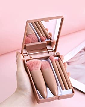 Golbylicc Travel Size Makeup Brushes Set Mini Makeup Brushes, Small Complete Function Cosmetic Brushes Kit with Case and Mirror Perfect for On The Go, 5PC (Mini Pink)