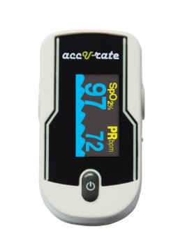 Acc U Rate® 430/DL Premium White Pulse Oximeter with black silicon cover, lanyard, pouch and batteries