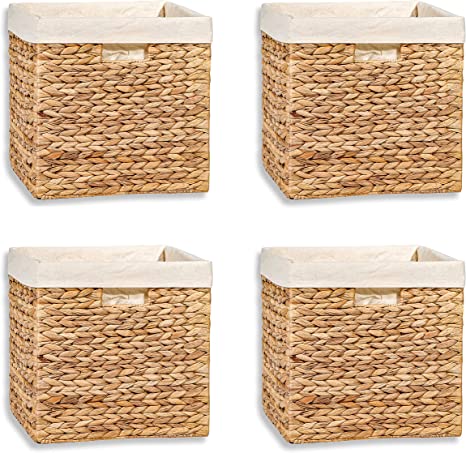 12" Foldable Hyacinth Storage Basket with Iron Wire Frame and Removable Liner By Trademark Innovations (Set of 4)