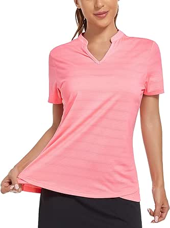 MIER Women's Golf Polo Shirts Collarless UPF 50  Short Sleeve Tennis Running T-Shirts V-Neck