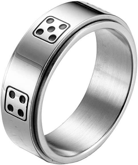 INRENG Mens Stainless Steel Lucky Spinner Ring Retro Dice Pattern Wedding Bands 8mm Silver,Gold,Black