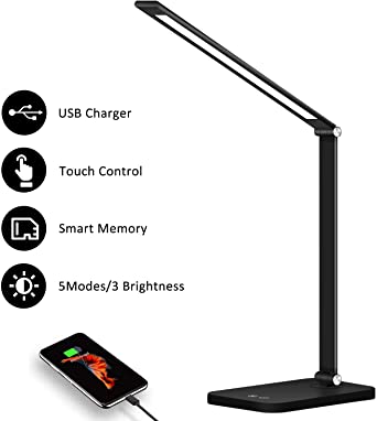 LED Desk Lamp, BEACON Desk Lamp with USB Charging Port, 5 Lighting Modes with 3 Brightness Levels, Memory Function, Eye-Caring Office Foldable Lamp, Touch Control, Black