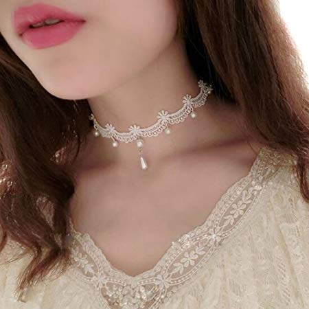 Women Lace Necklace Gothic Beads Pendant Choker Wedding Party White Flower Tassel Pendant Chain Collar jewelry