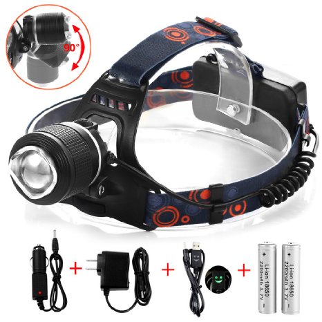 Zoomable LED Headlamp, 3 Modes Water-Resistant LED Head Lights with 2 Pcs 18650 Rechargeable Batteries Wall Charger Car Charger  USB Cable for Camping Biking Hunting Fishing Outdoor Sports (Black)