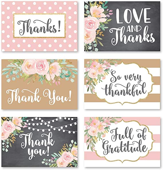 24 Blush Gold Floral Thank You Cards With Envelopes, Great Notes For Adult Funeral Sympathy or Gift Gratitude Supplies For Grad, Birthday, Baby or Chalk Vintage Bridal Wedding Shower For Boy or Girl