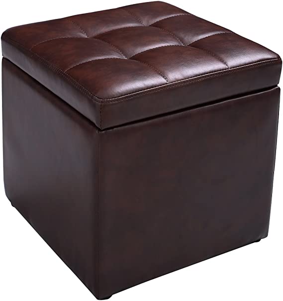 COSTWAY Faux Leather Ottoman, Pouffe Storage Toy Box with Hinge Top | Padded Foot Stool, Cube Bench Seater for Living Room, Bedroom & Office, 150Kg Capacity (Brown)