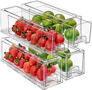 Sorbus Fridge Drawers - Clear Stackable Pull Out Refrigerator Organizer Bins - Food Storage Containers for Kitchen, Refrigerator, Freezer, Vanity & Fridge Organization and Storage (4 Pack | Small)