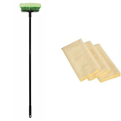 Carrand 93053 Dip-n-Wash Vehicle Wash Brush, 8" Head with 48" Handle with 3 AmazonBasics Thick Microfiber Cleaning Cloths