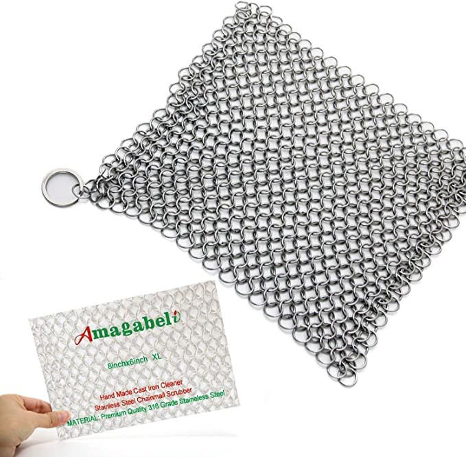 Amagabeli 8"x6" Stainless Steel Cast Iron Cleaner 316L Chainmail Scrubber for Cast Iron Pan Pre-Seasoned Pan Dutch Ovens Waffle Iron Pans Scraper Cast Iron Grill Scraper Skillet Scraper