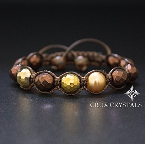 Chocolate Bronze, Beaded Shamballa Bracelet, Wrap Bracelet, Bronze Brown Faceted Czech Class Beads, Gold Hematite and Gold Pearl, Bohemian Jewelry, Crux Crystals