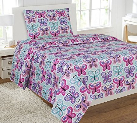 Elegant Home Butterflies Pink Blue White Purple 3 Piece Printed Twin Sheet Set with Pillowcase Flat Fitted Sheet for Girls / Kids/ Teens # Butterfly Blue