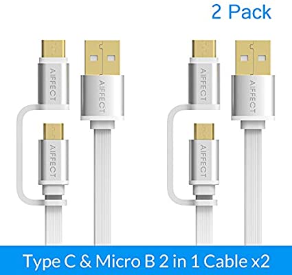 AiffectJoy USB Type C Cable 2 Pack 3.3 Ft USB C Micro USB Type C 2 in 1 Adapter Phone Charging Cable Data Transmission Cord Type C USB C Cable for Several Types (2-Pack, Silver)