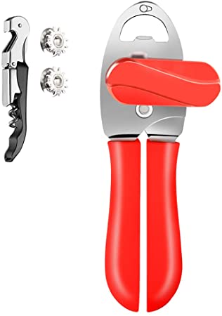 4 in 1 Can Opener Manual, Ultra Sharp Stainless Steel Can Openers That Work Simple, Ergonomic Designed Tin Opener with 2 Spare Sharp Blades and 1 Corkscrew, for Elderly with Arthritis (Red)