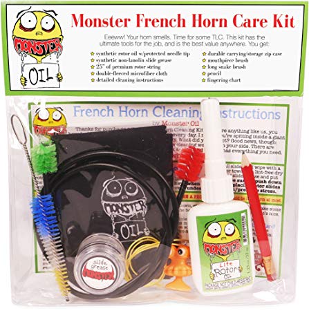 Monster French Horn Care and Cleaning Kit | Rotor Valve Oil w/Easy-To-Use Needle Applicator Tip, Slide Grease, and Cleaning Brushes. Everything You Need to Take Care of Your French Horn