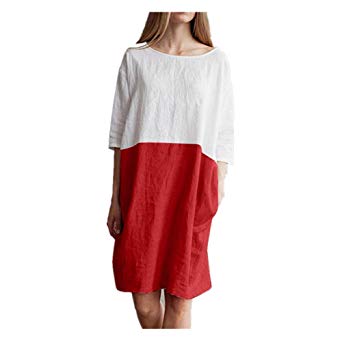 Summer Dress for Women Casual Patchwork 1/2 Sleeved Cotton Linen Loose Tunic Dress with Pockets