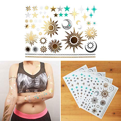 COKOHAPPY 5 Sheets Metallic Temporary Tattoo 150  Sun Moon Star Gold Silver Shine Beach Armband