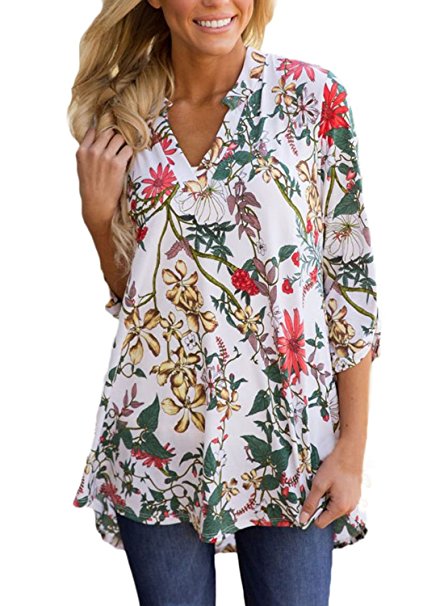 Dokotoo Women Casual Split V Neck Cuffed Sleeve Floral Print Blouses Tops (9 Floral Pattern)