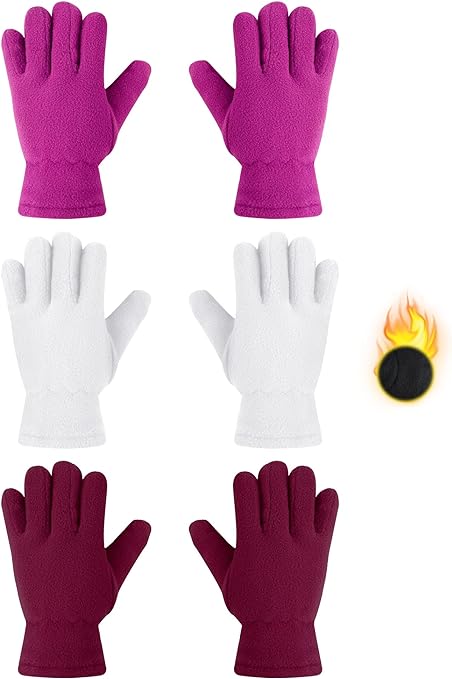 SATINIOR 3 Pairs Kids Fleece Winter Gloves Warm Full Fingers Gloves for Boys Girls Children Snow Outdoors Activities Supplies