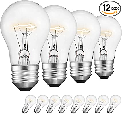 40-Watt Appliance Bulb, Appliance Light Bulb 40w A15, 120v 40w Refrigerator Bulb Clear Ceiling Fan Bulbs Medium (E26) Standard Household Base Crystal Clear, 12Packs