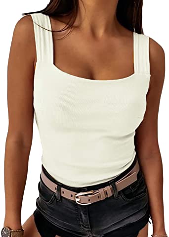 Ivay Womens Sexy Low Cut Square Neck Tank Top Casual Thick Strap Summer Solid Top