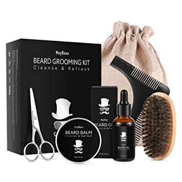 MayBeau Beard Care Kit for Men Unscented Beard Balm 30ml Beard Oil Mustache Scissors Beard Brush Shape Tool Canvas Bag