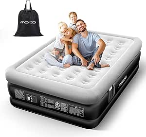 MoKo Air Mattress Queen with Built in Pump, 18'' Luxury Inflatable Mattress, 3 Min Fast Blow up Mattress with Dual-Chamber, Comfort Top - Velvety Air Bed for Home, Camping, Travel, Guests, Black/Gray