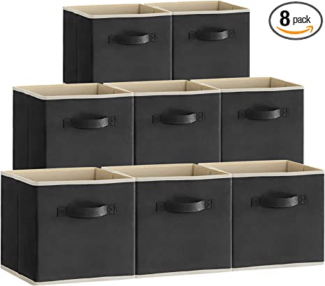 Lifewit 11 Inch Cube Storage Bins, Storage Cubes Foldable Medium Decorative Fabric Storage Baskets for Organizing Home Organizers with Handles for Shelves, Closet, Kallax, Set of 8, Black