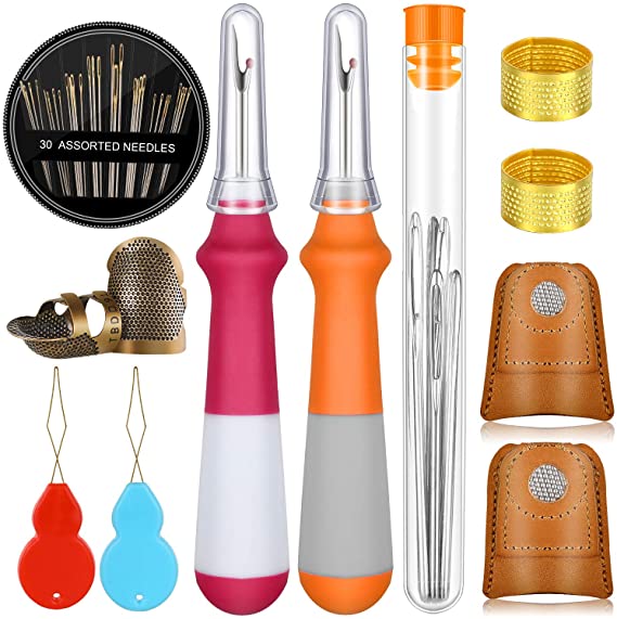 50 Pieces Sewing Tools Kit Includes 6 Sewing Thimble Finger Protector, 30 Hand Sewing Needle, 9 Large-Eye Knitting Needle, 2 Seam Ripper, 2 Wire Needle Threader and Storage Bottle