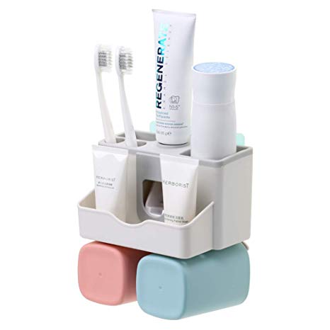 SULKADA Toothbrush Holder Wall Mount 2 Cups, with Toothpaste Dispenser,Multi-Functiona Bathroom Storage Organizer Stand Rack