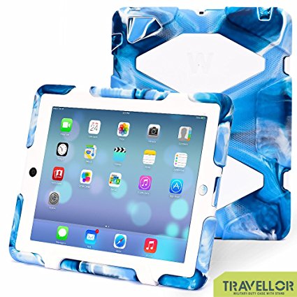 Travellor iPad 2/3/4 Case Silicone kid proof Rainproof Sandproof Dust-proof Shockproof Extreme Duty Dual Protective Back Cover with Kickstand and Sticker for iPad 4/3/2 (Navy White)