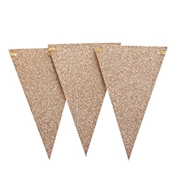 Ling's moment 10 Feet Vintage Style Triangle Flag Banner, Glitter Paper Pennant Bunting Garland, Extra Sparkle for Wedding Teepee Anniversary Christmas, Vintage Rose Gold Glitter, 15 Flags, Pack of 4