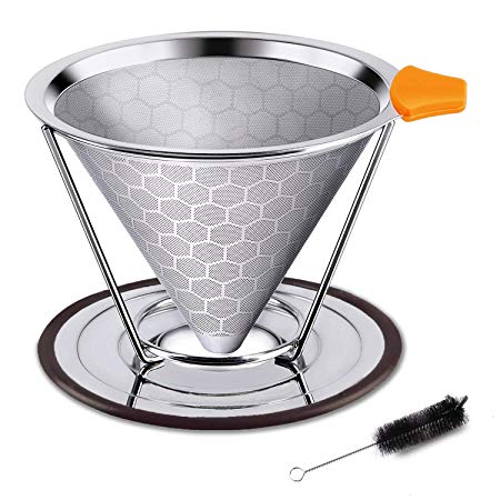 Premium Stainless Steel Coffee Filter, Reusable Pour Over Coffee Dripper Cone With Non-slip Cup Stand and Brush, Paperless. Honeycomb Design (1-3 Cups)