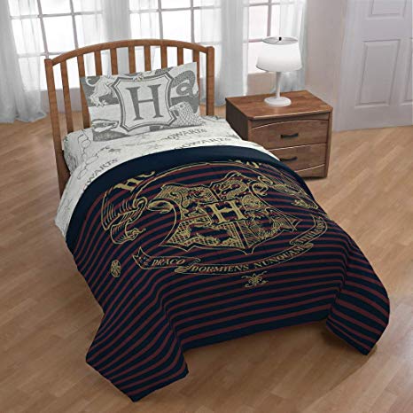 Warner Brothers Harry Potter Spellbound 4 Piece Twin Bed Set - Includes Reversible Comforter & Sheet Set - Bedding Features Hogwarts Logo - Super Soft Polyester - (Official Warner Brothers Product)