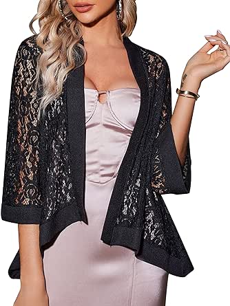 Zeagoo Women's Casual Lace Crochet Cardigan 3 4 Sleeve Sheer Cover Up Jacket Plus Size