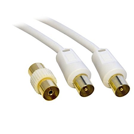 5M Metre TV VCR Video Aerial Coaxial Fly Lead / Cable Male to Male White   Female Coupler - Gold