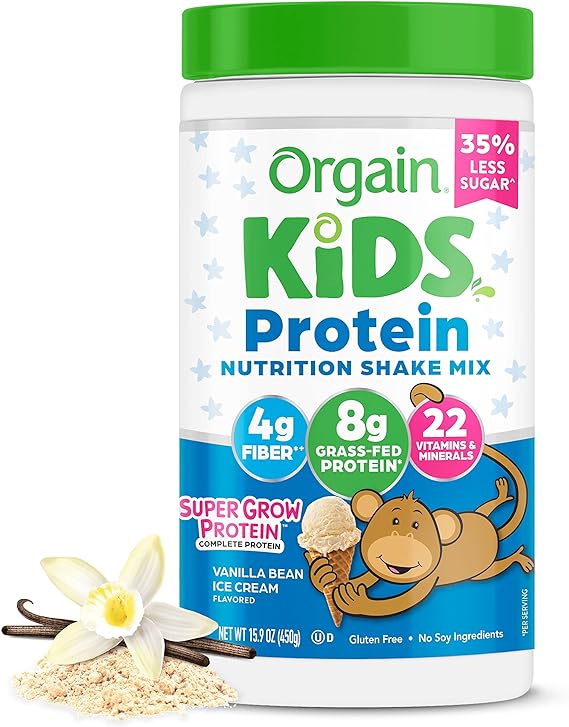 Orgain Kids Protein Powder Shake Mix, Vanilla Bean Ice Cream - 8g Dairy Protein, 22 Vitamins & Minerals, Fruit & Vegetable Blend, Gluten Free, No Soy Ingredients, Add Nutrients to Kids Snacks - 1lb