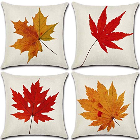 Dreampark Fall Pillow Covers, Autumn Decorations 18x18 Thanksgiving Decorative Throw Pillow Covers Maple Leaf Cotton Linen Sofa Pillow Case Outdoor, Set of 4