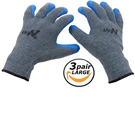 UpNorth 10 Gauge Cotton Knit Work Gloves, Textured Rubber Latex Palm Dipped/Coated for Construction, 3-Pairs, Men's Large