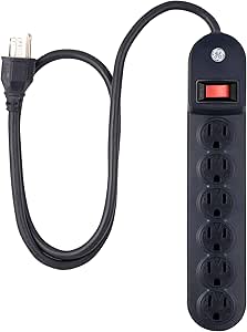 GE Power Strip, 6 Outlet, 3 ft Power Cord, Safety Covers, Wall Mount, Circuit Breaker, Warranty, UL Listed, Black, 56223