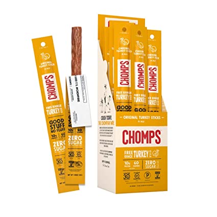 CHOMPS Free Range Turkey Jerky Snack Sticks, Keto, Paleo, Whole30 Approved, Non-GMO, Gluten Free, Sugar Free, 60 Calorie Snacks, 1.15 Oz Meat Stick, Pack of 24 - Packaging May Vary
