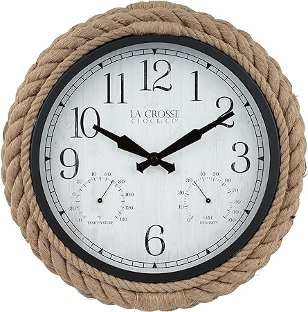 La Crosse 433-3836 14-inch Rowan Indoor/Outdoor Rope Analog Quartz Wall Clock, Brown