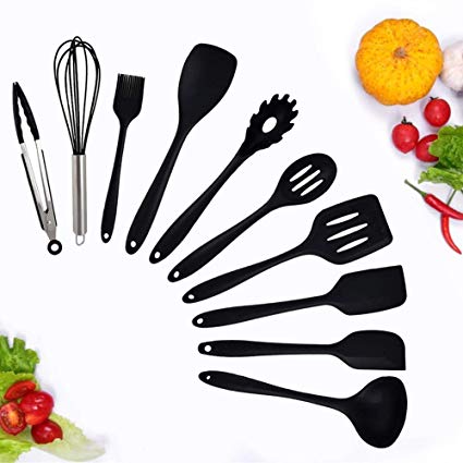 Silicone Cooking Utensil Set 10 PCS Heat-Resistant Non-Stick Kitchen Utensils-Kitchen Tools Set-Hygienic One Piece Design Spatulas, Serving and Mixing Spoons (Black)