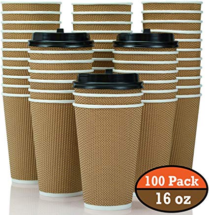 100-Pack 16 oz Disposable Coffee Cups with Lids - Fully Insulated Double Walled Paper Coffee Cups with Lids - to Go Coffee Cups Leak Proof - Microwaveable Hot Cups with Lids - to Go Cups FDA Approved