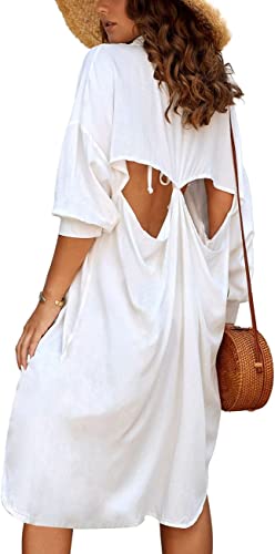 Bsubseach Women Embroidered Half/Long Sleeve Swimsuit Cover Up Mini Beach Dress