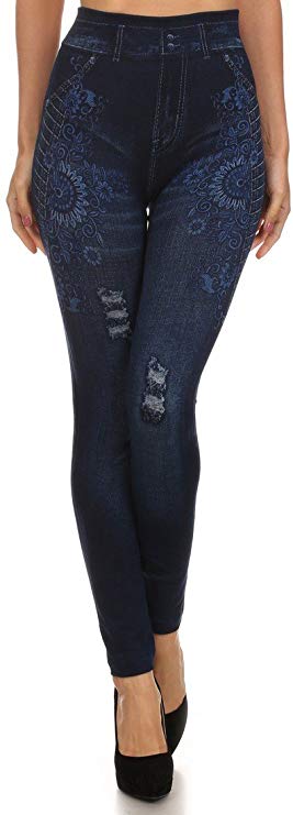 ICONOFLASH Women's Fleece Lined Faux Denim Sublimation Legging